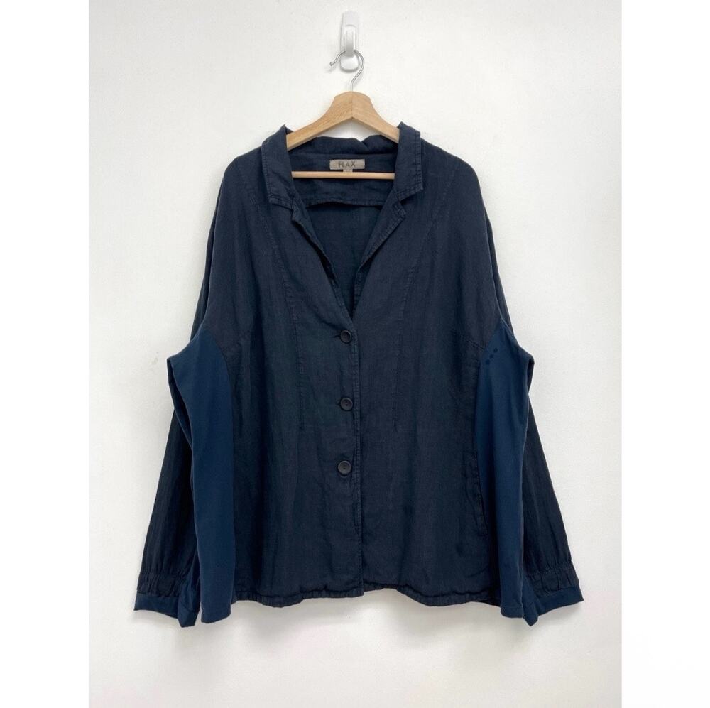 FLAX Navy Linen Oversized Blazer Boxy Stretch Knit Panels Lightweight Pockets XL